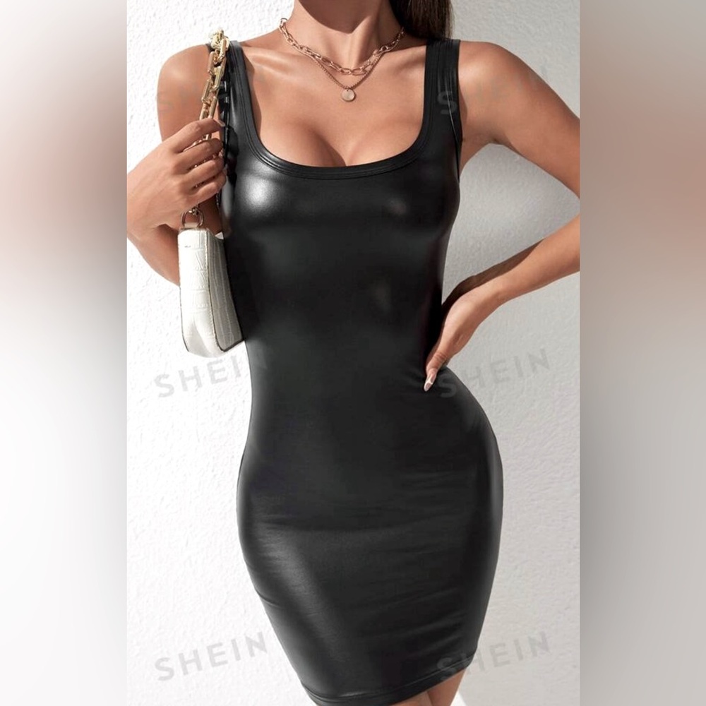💫SHEIN Women’s Black Faux Leather Mini Dress Black